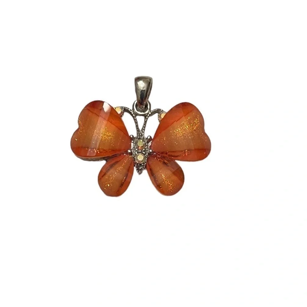 Orange Crystal Butterfly Pendant Necklace – Silver Tone Chain Sparkly Statement